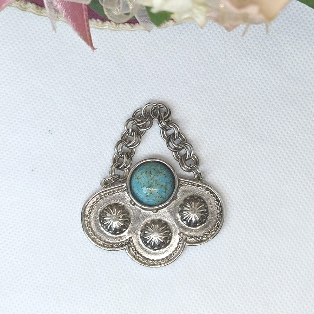 Vintage Carol Dauplaise Silver Metalwork & Turquoise Stone Chunky Pendant 1970s